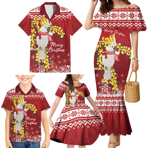 Australia Sulphur-crested Cockatoo Christmas Personalised Family Matching Mermaid Dress and Hawaiian Shirt Aussie Golden Wattle Merry Xmas