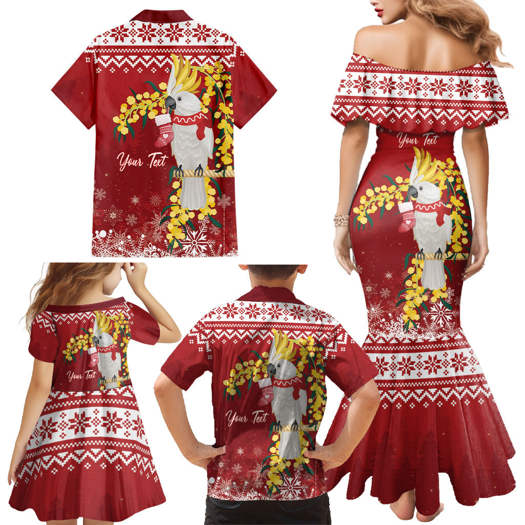 Australia Sulphur-crested Cockatoo Christmas Personalised Family Matching Mermaid Dress and Hawaiian Shirt Aussie Golden Wattle Merry Xmas