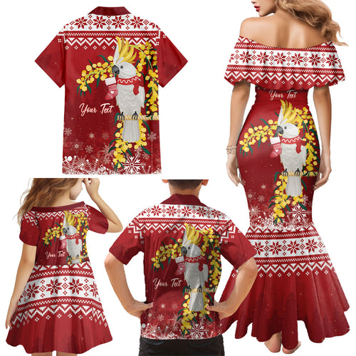 Australia Sulphur-crested Cockatoo Christmas Personalised Family Matching Mermaid Dress and Hawaiian Shirt Aussie Golden Wattle Merry Xmas