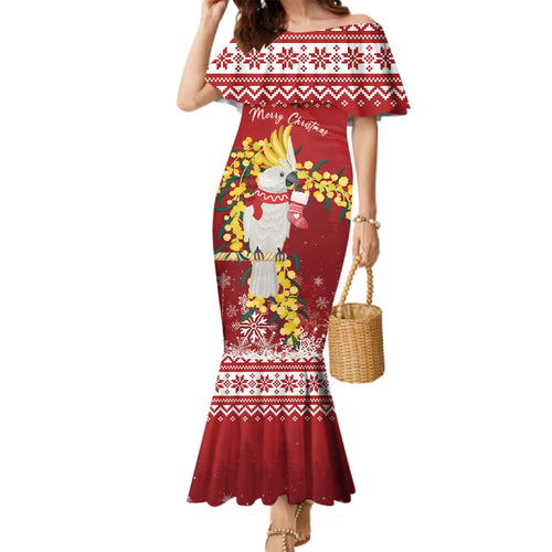 Australia Sulphur-crested Cockatoo Christmas Personalised Family Matching Mermaid Dress and Hawaiian Shirt Aussie Golden Wattle Merry Xmas