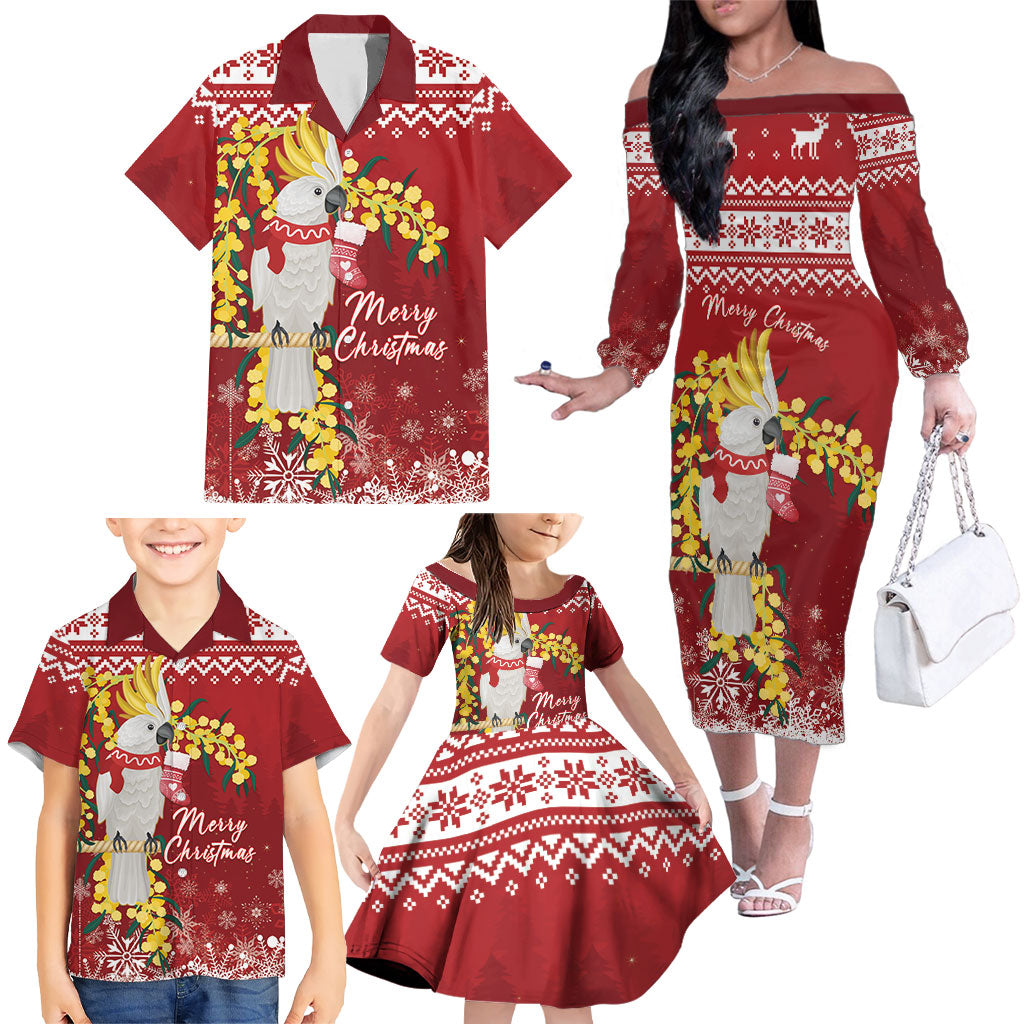 Australia Sulphur-crested Cockatoo Christmas Personalised Family Matching Off The Shoulder Long Sleeve Dress and Hawaiian Shirt Aussie Golden Wattle Merry Xmas