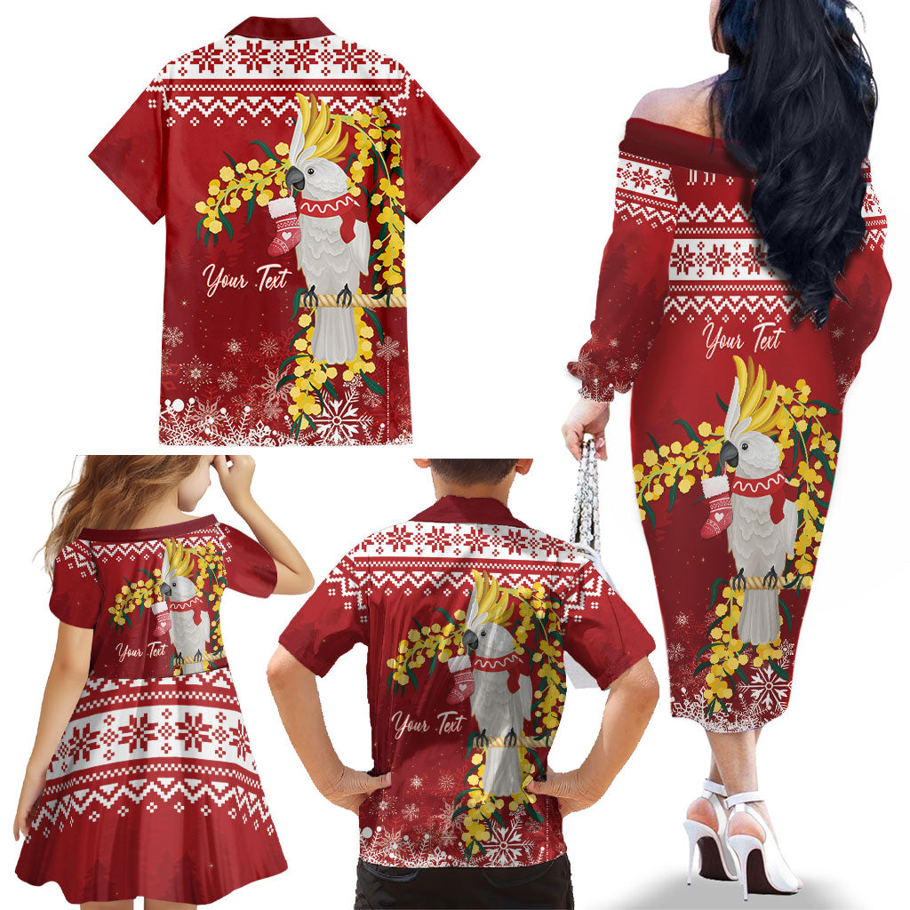 Australia Sulphur-crested Cockatoo Christmas Personalised Family Matching Off The Shoulder Long Sleeve Dress and Hawaiian Shirt Aussie Golden Wattle Merry Xmas