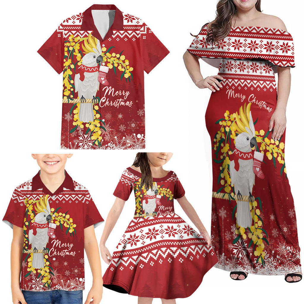 Australia Sulphur-crested Cockatoo Christmas Personalised Family Matching Off Shoulder Maxi Dress and Hawaiian Shirt Aussie Golden Wattle Merry Xmas