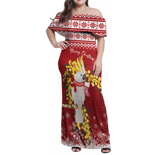 Australia Sulphur-crested Cockatoo Christmas Personalised Family Matching Off Shoulder Maxi Dress and Hawaiian Shirt Aussie Golden Wattle Merry Xmas