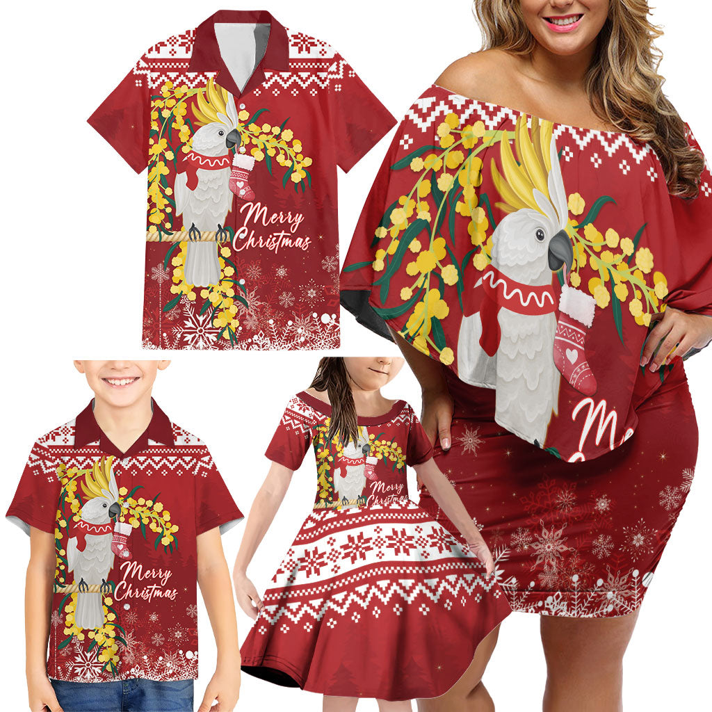 Australia Sulphur-crested Cockatoo Christmas Personalised Family Matching Off Shoulder Short Dress and Hawaiian Shirt Aussie Golden Wattle Merry Xmas