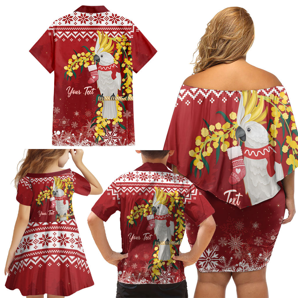Australia Sulphur-crested Cockatoo Christmas Personalised Family Matching Off Shoulder Short Dress and Hawaiian Shirt Aussie Golden Wattle Merry Xmas