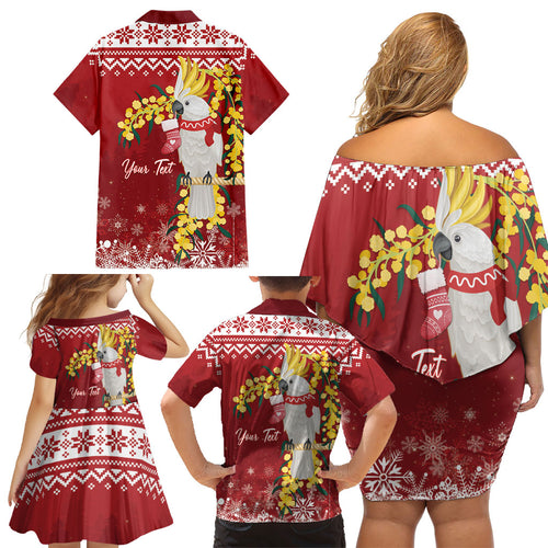 Australia Sulphur-crested Cockatoo Christmas Personalised Family Matching Off Shoulder Short Dress and Hawaiian Shirt Aussie Golden Wattle Merry Xmas
