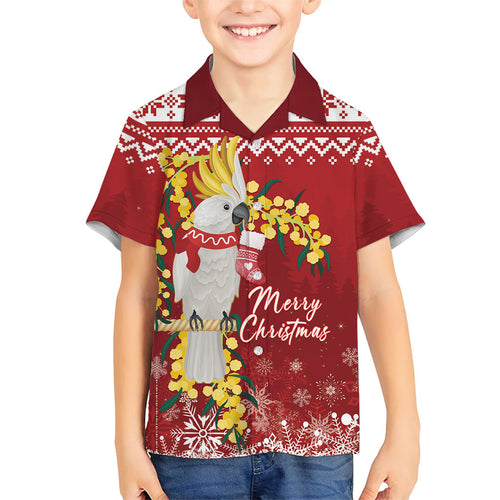 Australia Sulphur-crested Cockatoo Christmas Personalised Family Matching Off Shoulder Short Dress and Hawaiian Shirt Aussie Golden Wattle Merry Xmas