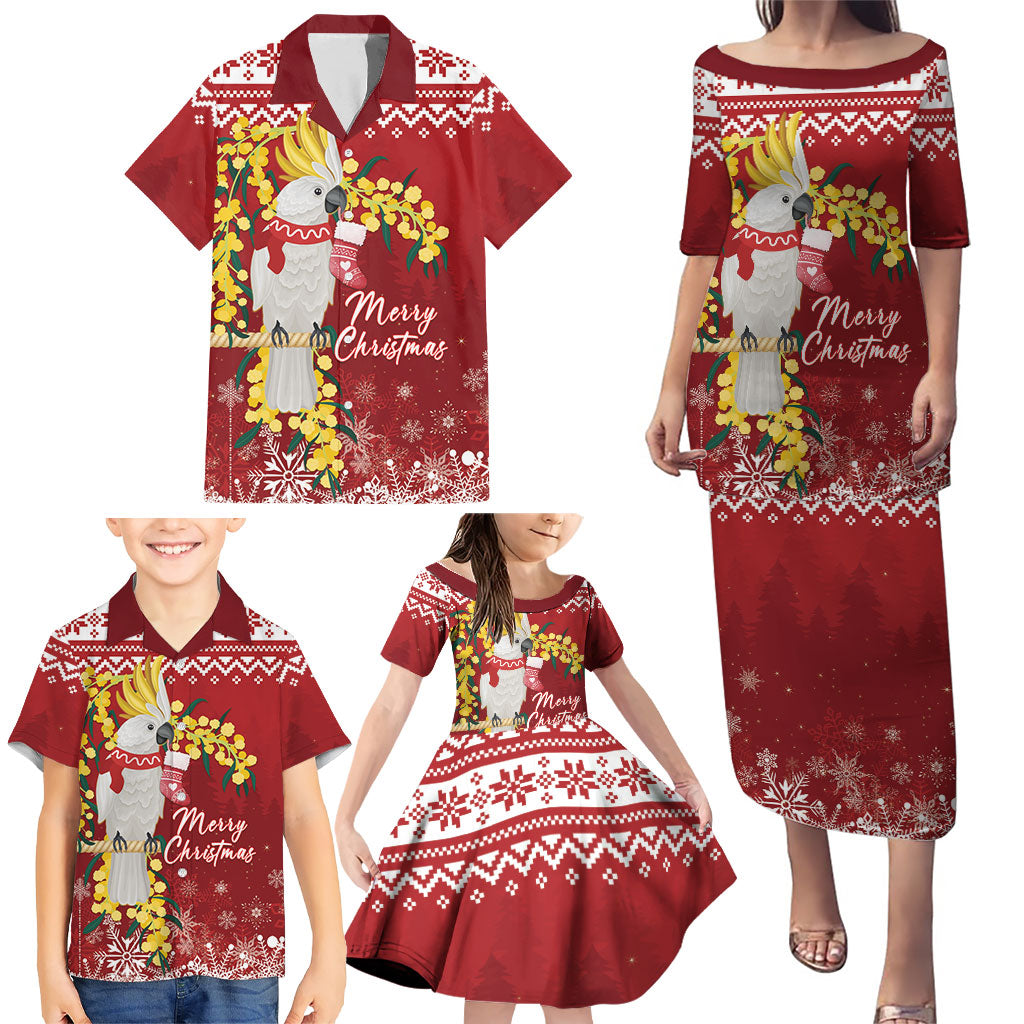 Australia Sulphur-crested Cockatoo Christmas Personalised Family Matching Puletasi and Hawaiian Shirt Aussie Golden Wattle Merry Xmas
