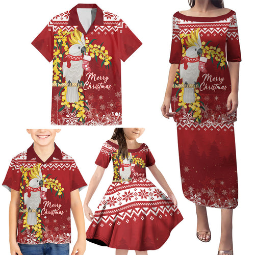 Australia Sulphur-crested Cockatoo Christmas Personalised Family Matching Puletasi and Hawaiian Shirt Aussie Golden Wattle Merry Xmas