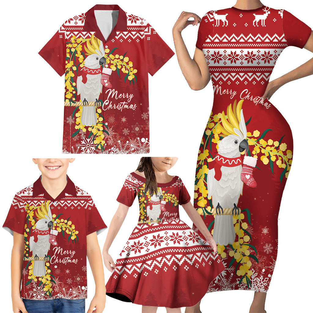 Australia Sulphur-crested Cockatoo Christmas Personalised Family Matching Short Sleeve Bodycon Dress and Hawaiian Shirt Aussie Golden Wattle Merry Xmas