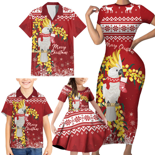 Australia Sulphur-crested Cockatoo Christmas Personalised Family Matching Short Sleeve Bodycon Dress and Hawaiian Shirt Aussie Golden Wattle Merry Xmas