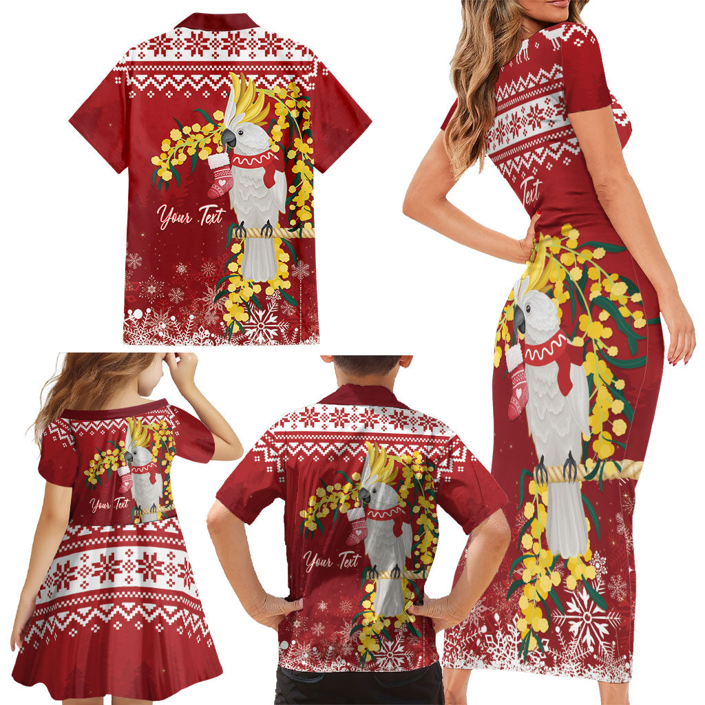 Australia Sulphur-crested Cockatoo Christmas Personalised Family Matching Short Sleeve Bodycon Dress and Hawaiian Shirt Aussie Golden Wattle Merry Xmas