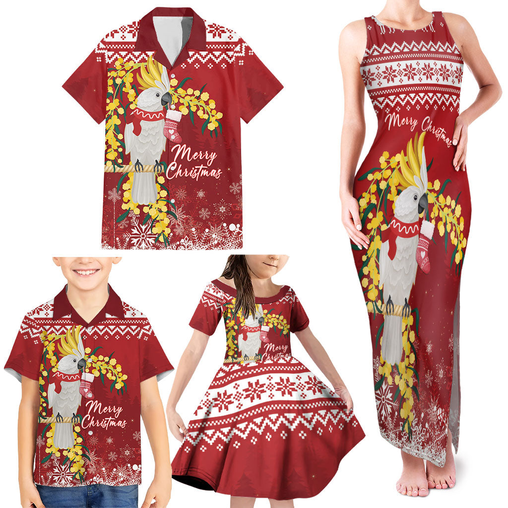 Australia Sulphur-crested Cockatoo Christmas Personalised Family Matching Tank Maxi Dress and Hawaiian Shirt Aussie Golden Wattle Merry Xmas