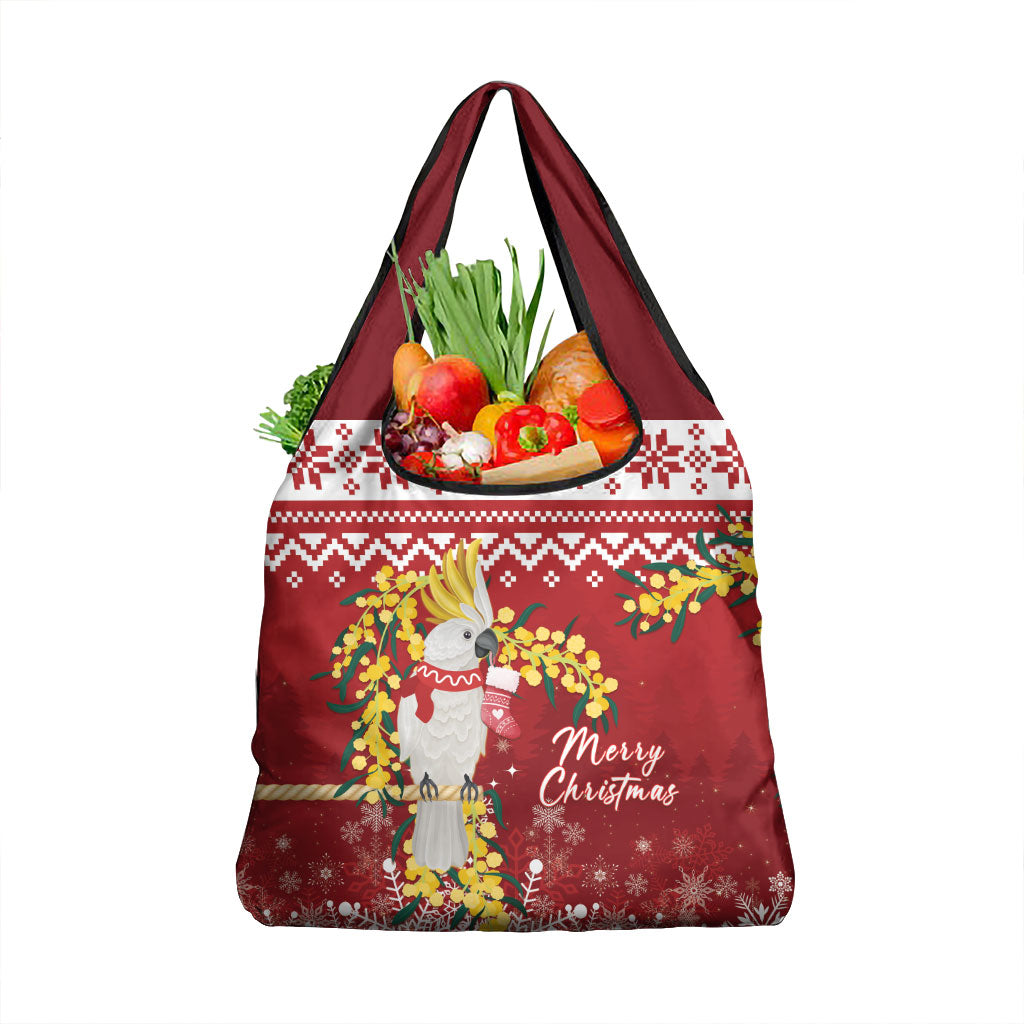 Australia Sulphur-crested Cockatoo Christmas Grocery Bag Aussie Golden Wattle Merry Xmas