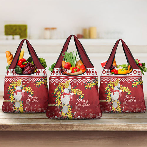 Australia Sulphur-crested Cockatoo Christmas Grocery Bag Aussie Golden Wattle Merry Xmas