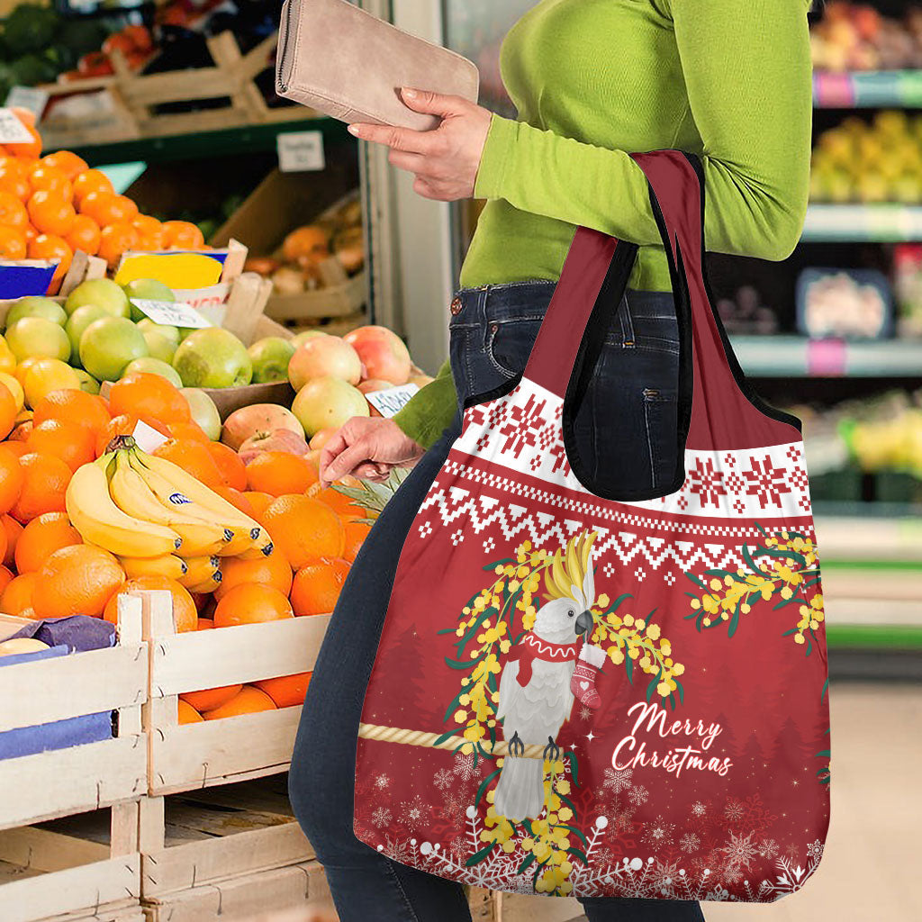 Australia Sulphur-crested Cockatoo Christmas Grocery Bag Aussie Golden Wattle Merry Xmas