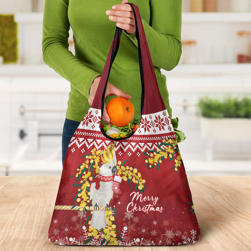Australia Sulphur-crested Cockatoo Christmas Grocery Bag Aussie Golden Wattle Merry Xmas