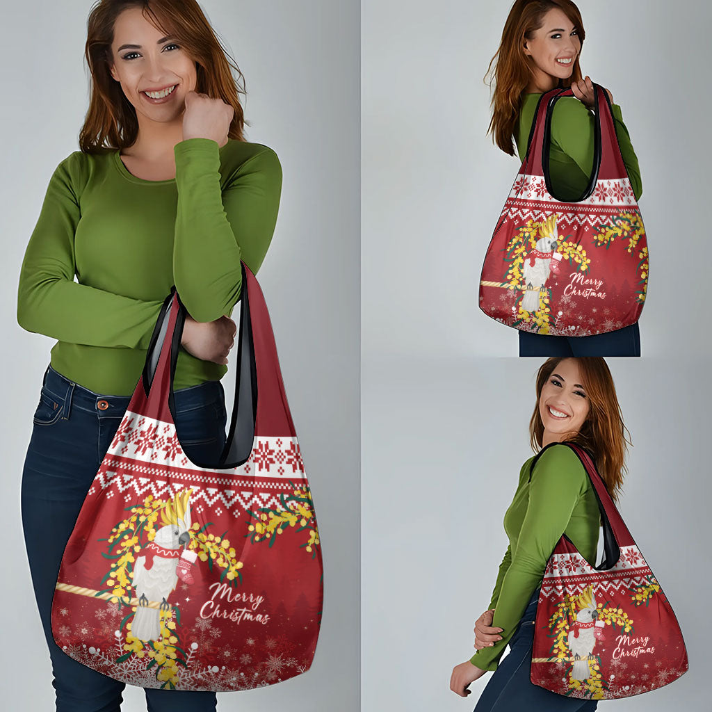 Australia Sulphur-crested Cockatoo Christmas Grocery Bag Aussie Golden Wattle Merry Xmas