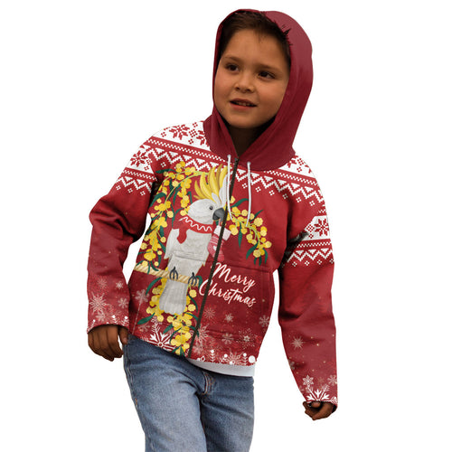 Australia Sulphur-crested Cockatoo Christmas Personalised Kid Hoodie Aussie Golden Wattle Merry Xmas