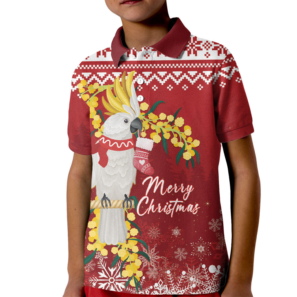 Australia Sulphur-crested Cockatoo Christmas Personalised Kid Polo Shirt Aussie Golden Wattle Merry Xmas