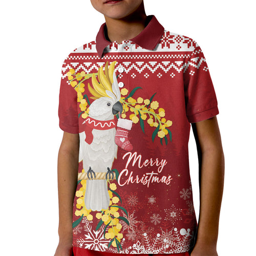 Australia Sulphur-crested Cockatoo Christmas Personalised Kid Polo Shirt Aussie Golden Wattle Merry Xmas