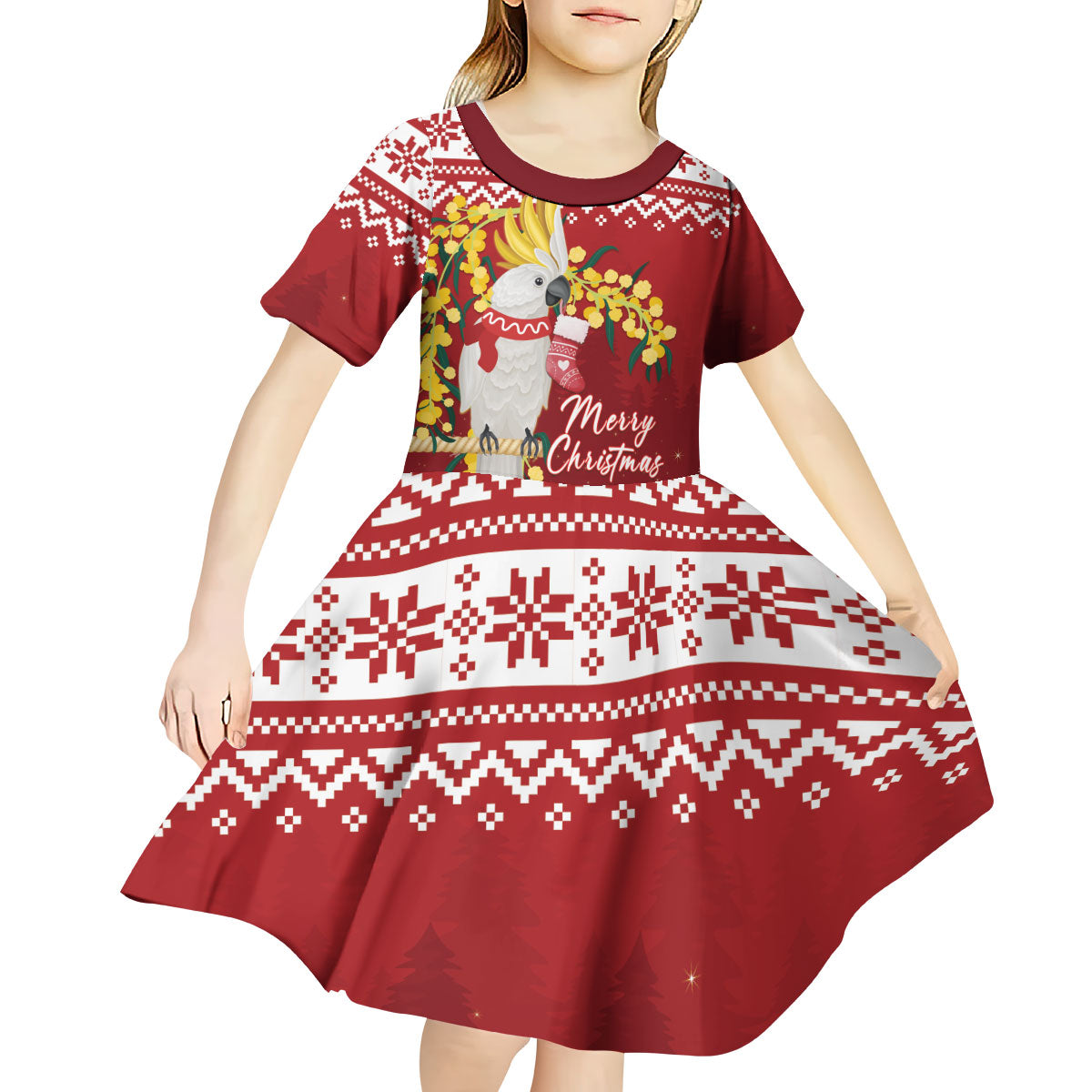 Australia Sulphur-crested Cockatoo Christmas Personalised Kid Short Sleeve Dress Aussie Golden Wattle Merry Xmas