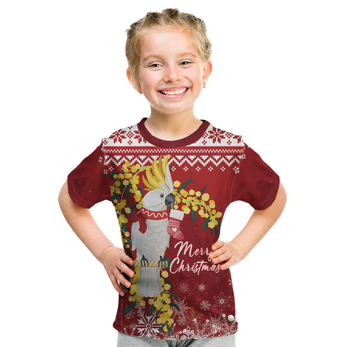 Australia Sulphur-crested Cockatoo Christmas Personalised Kid T Shirt Aussie Golden Wattle Merry Xmas