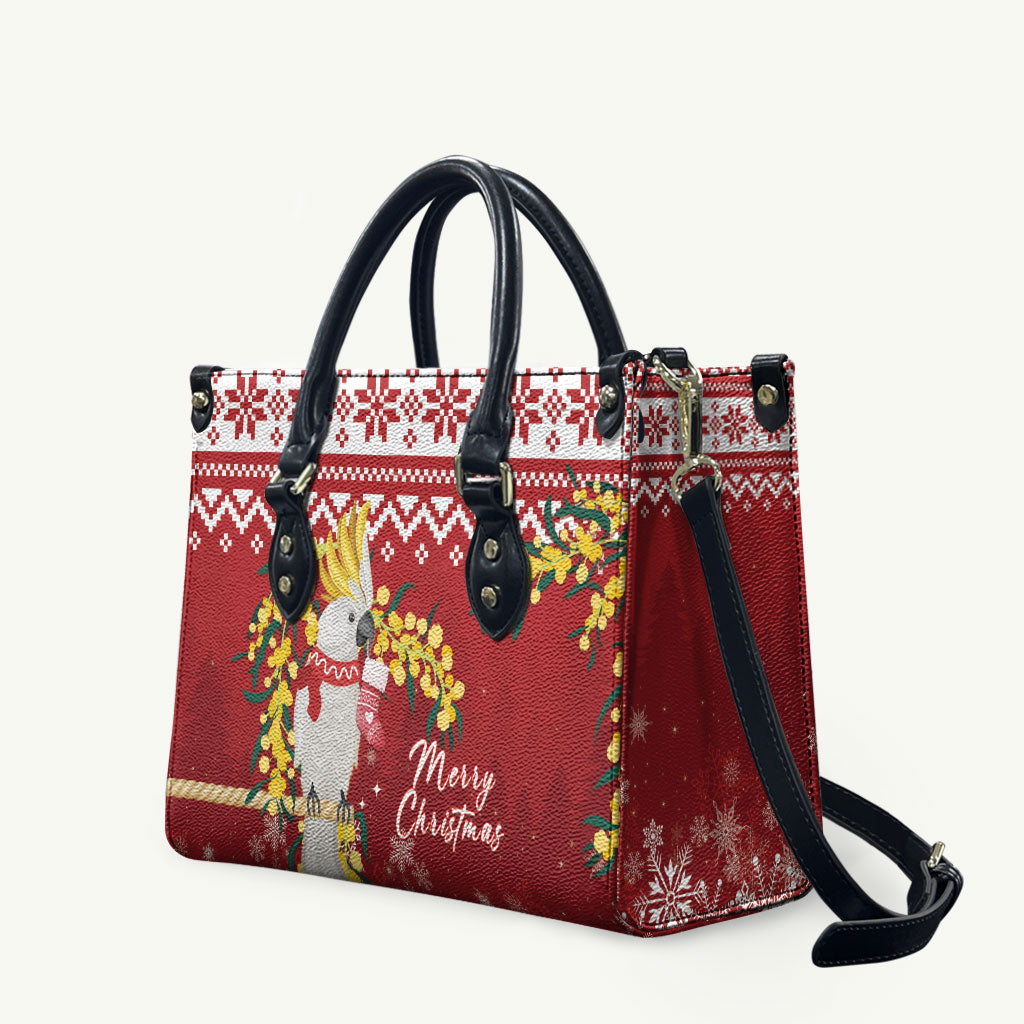 Australia Sulphur-crested Cockatoo Christmas Leather Bag Aussie Golden Wattle Merry Xmas