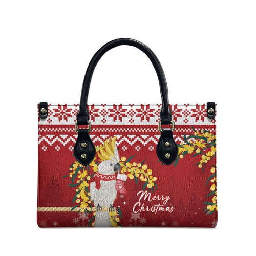 Australia Sulphur-crested Cockatoo Christmas Leather Bag Aussie Golden Wattle Merry Xmas