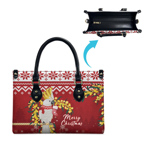 Australia Sulphur-crested Cockatoo Christmas Leather Bag Aussie Golden Wattle Merry Xmas