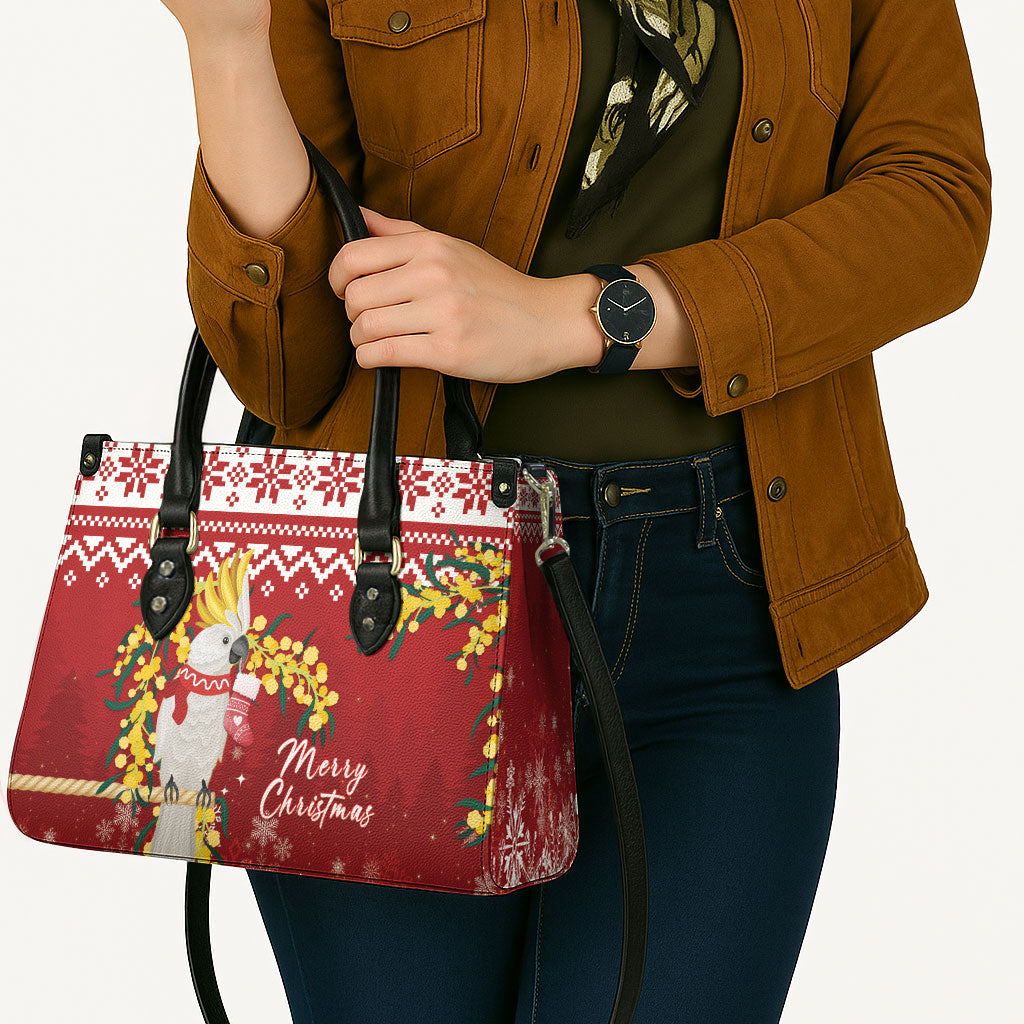 Australia Sulphur-crested Cockatoo Christmas Leather Bag Aussie Golden Wattle Merry Xmas
