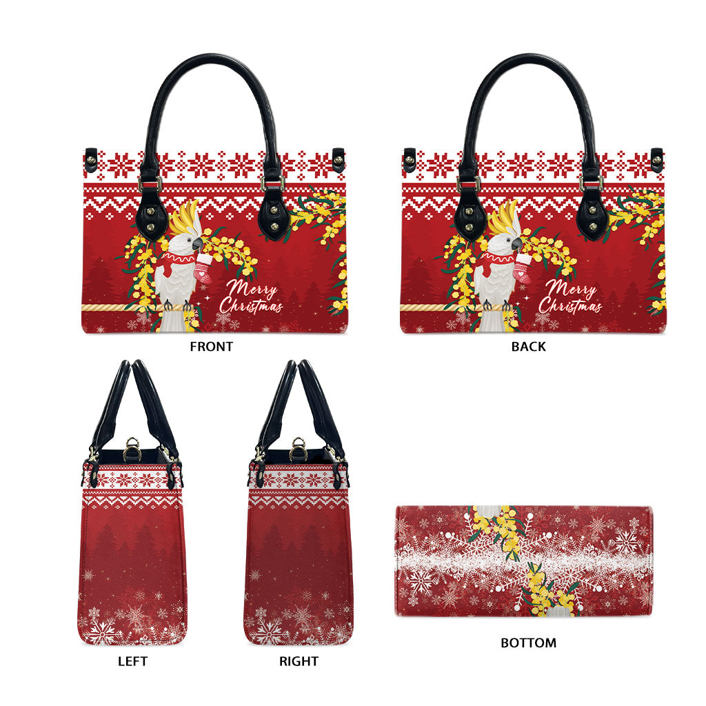 Australia Sulphur-crested Cockatoo Christmas Leather Bag Aussie Golden Wattle Merry Xmas
