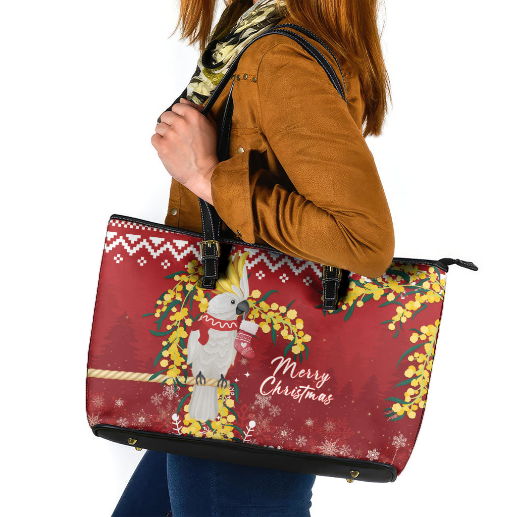 Australia Sulphur-crested Cockatoo Christmas Leather Tote Bag Aussie Golden Wattle Merry Xmas