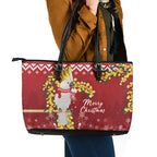 Australia Sulphur-crested Cockatoo Christmas Leather Tote Bag Aussie Golden Wattle Merry Xmas