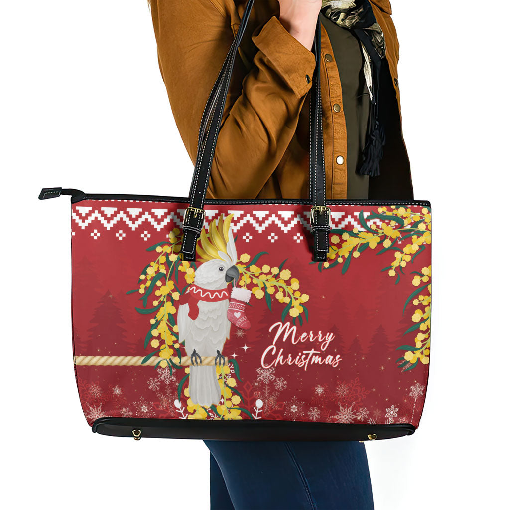 Australia Sulphur-crested Cockatoo Christmas Leather Tote Bag Aussie Golden Wattle Merry Xmas