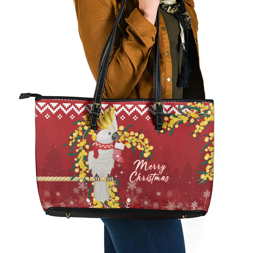 Australia Sulphur-crested Cockatoo Christmas Leather Tote Bag Aussie Golden Wattle Merry Xmas