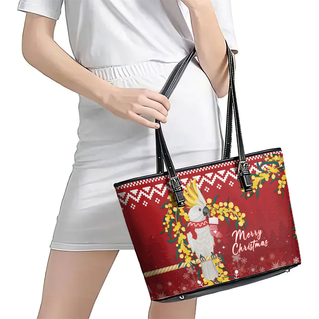 Australia Sulphur-crested Cockatoo Christmas Leather Tote Bag Aussie Golden Wattle Merry Xmas