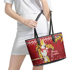 Australia Sulphur-crested Cockatoo Christmas Leather Tote Bag Aussie Golden Wattle Merry Xmas