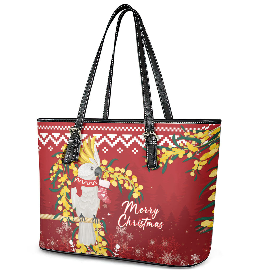 Australia Sulphur-crested Cockatoo Christmas Leather Tote Bag Aussie Golden Wattle Merry Xmas