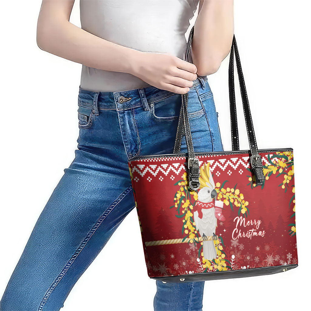 Australia Sulphur-crested Cockatoo Christmas Leather Tote Bag Aussie Golden Wattle Merry Xmas