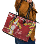 Australia Sulphur-crested Cockatoo Christmas Leather Tote Bag Aussie Golden Wattle Merry Xmas