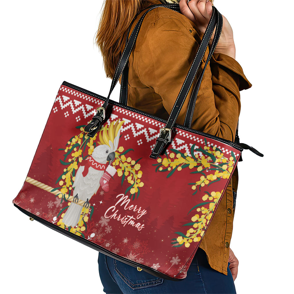 Australia Sulphur-crested Cockatoo Christmas Leather Tote Bag Aussie Golden Wattle Merry Xmas