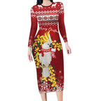 Australia Sulphur-crested Cockatoo Christmas Personalised Long Sleeve Bodycon Dress Aussie Golden Wattle Merry Xmas