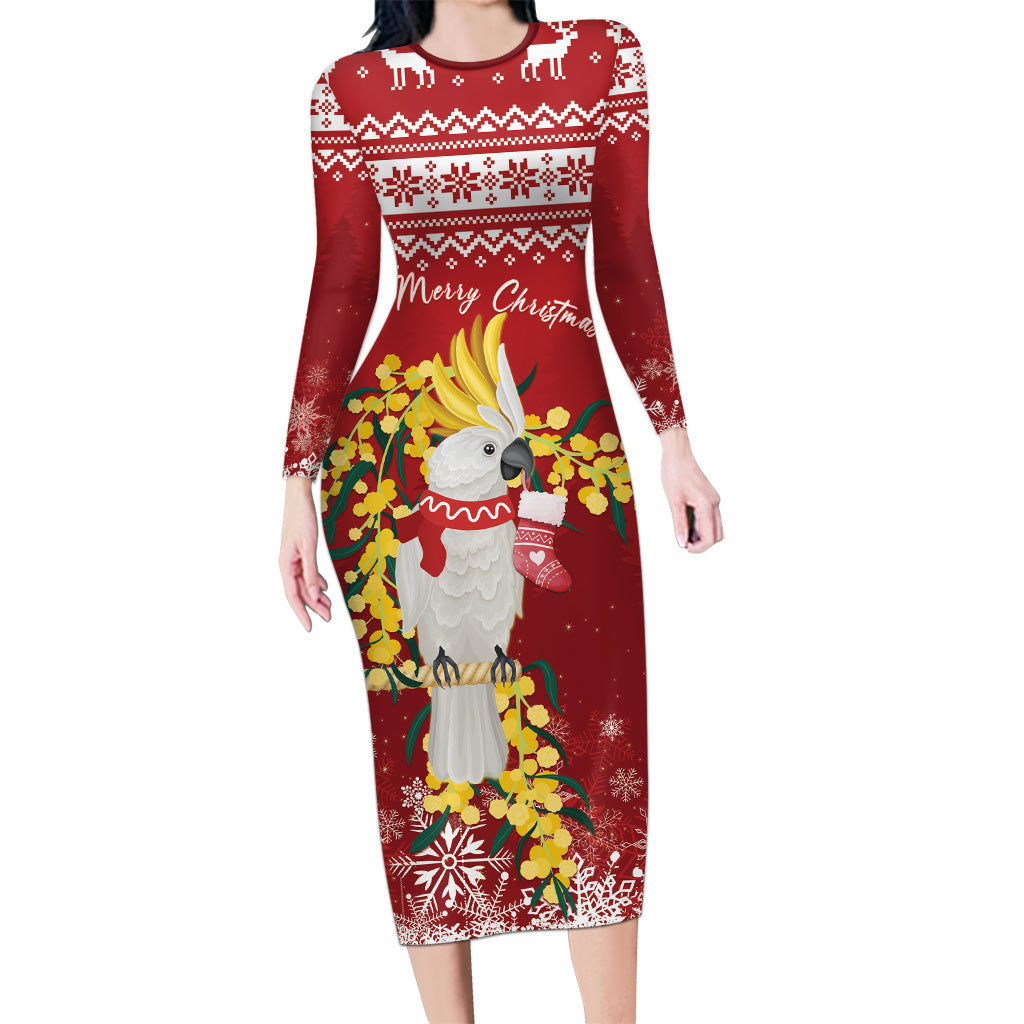 Australia Sulphur-crested Cockatoo Christmas Personalised Long Sleeve Bodycon Dress Aussie Golden Wattle Merry Xmas