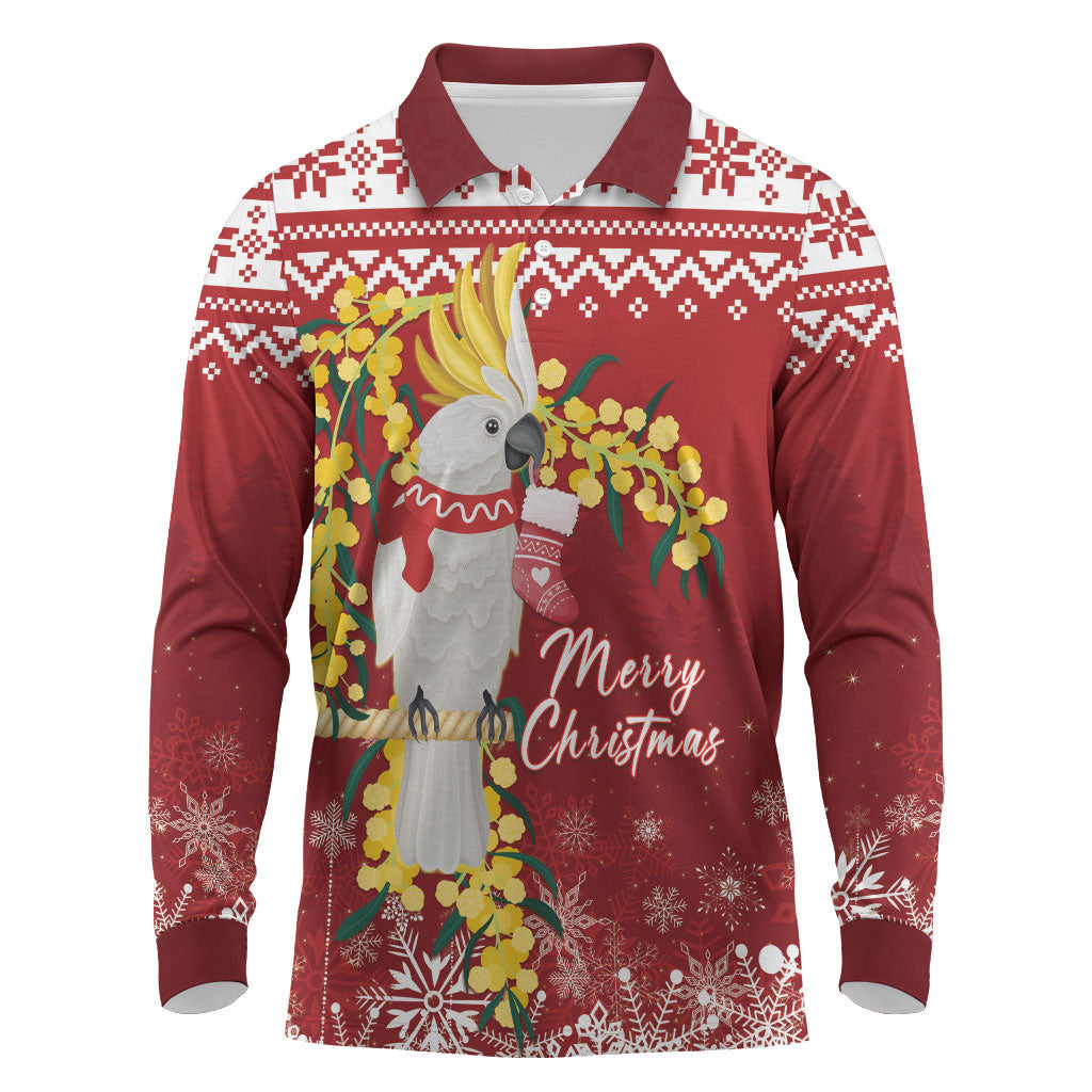 Australia Sulphur-crested Cockatoo Christmas Personalised Long Sleeve Polo Shirt Aussie Golden Wattle Merry Xmas
