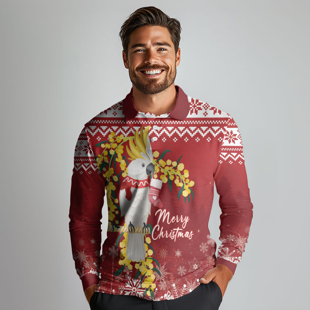 Australia Sulphur-crested Cockatoo Christmas Personalised Long Sleeve Polo Shirt Aussie Golden Wattle Merry Xmas