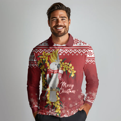 Australia Sulphur-crested Cockatoo Christmas Personalised Long Sleeve Polo Shirt Aussie Golden Wattle Merry Xmas