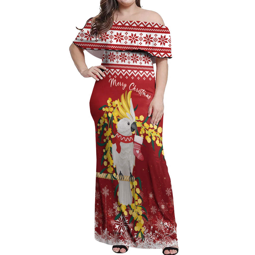 Australia Sulphur-crested Cockatoo Christmas Personalised Off Shoulder Maxi Dress Aussie Golden Wattle Merry Xmas