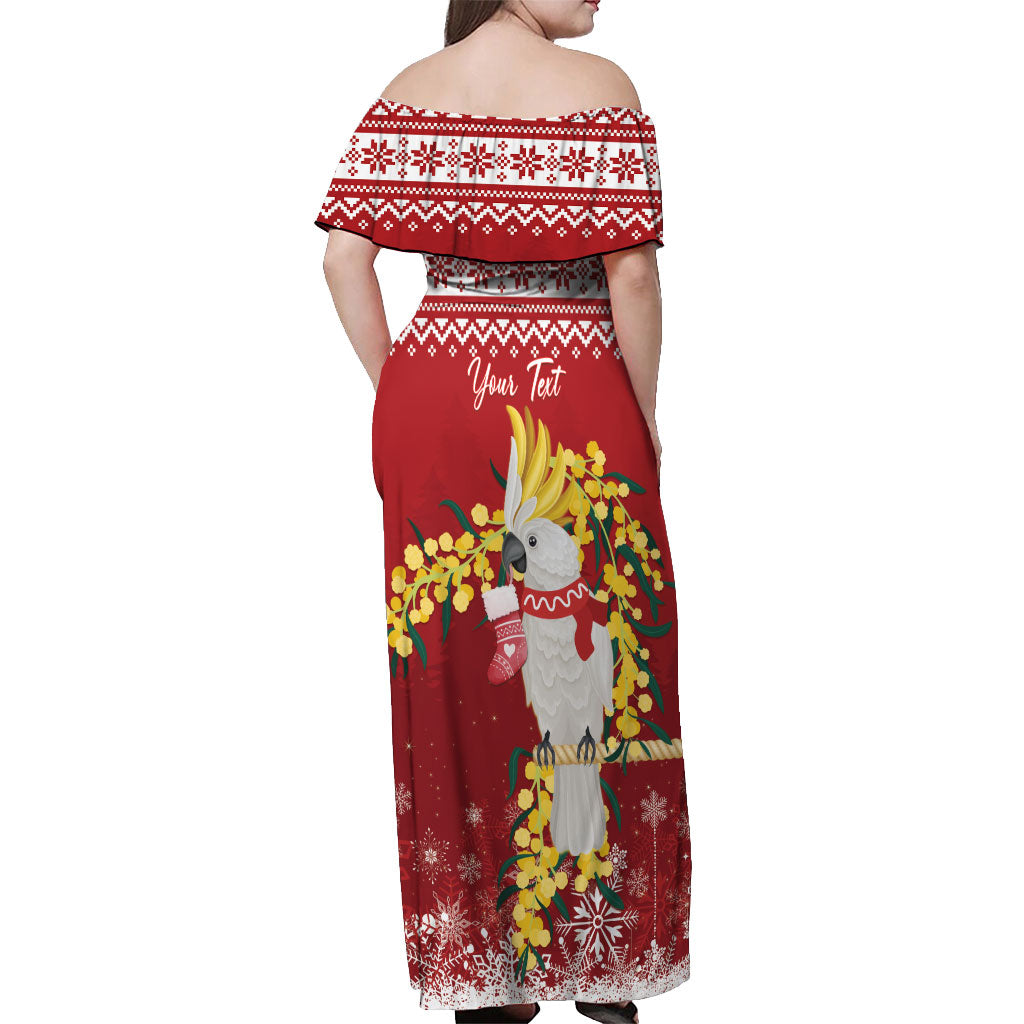 Australia Sulphur-crested Cockatoo Christmas Personalised Off Shoulder Maxi Dress Aussie Golden Wattle Merry Xmas